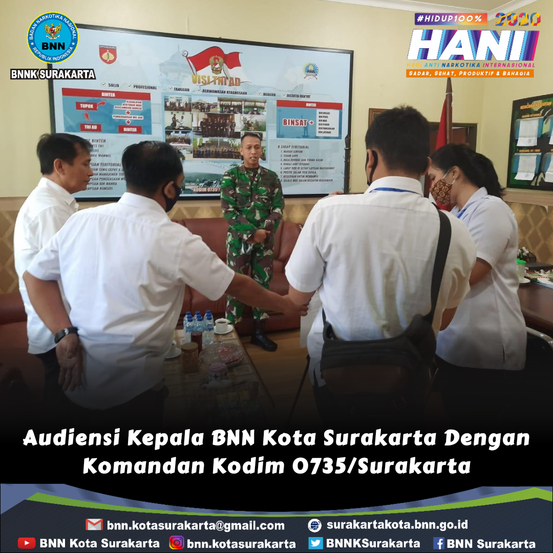 Audiensi Kepala BNN Kota Surakarta Dengan Komandan Kodim 0735/Surakarta Terkait Persiapan HANI 2020 Audiensi Kepala BNN Kota Surakarta Dengan Komandan Kodim 0735/Surakarta Terkait Persiapan HANI 2020