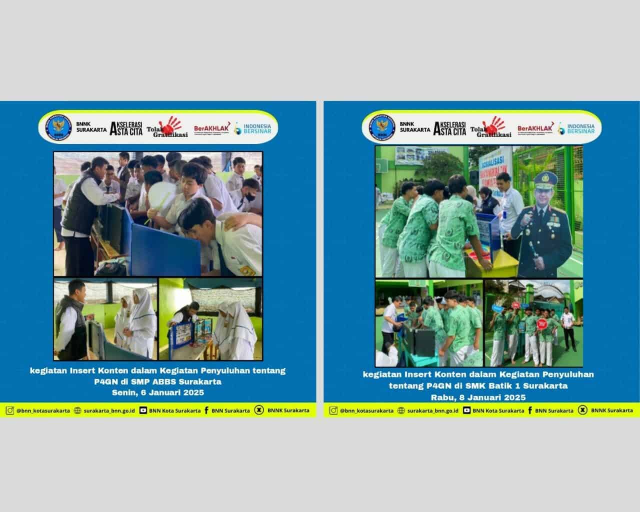 Pojok Konseling BNNK Surakarta BNNK Surakarta melakukan kegiatan Penyuluhan tentang P4GN di SMK Batik 1 Surakarta dengan membuka stand pojok konseling, menampilkan alat peraga berupa tiruan Narkoba dan membagikan stiker anti narkoba pada siswa kemudian menjelaskan tentang pelayanan umum di BNNK Surakarta